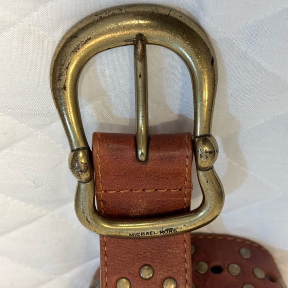 Michael Kors Brown Boho Wide Genuine Leather Beaded Studded Belt Buckle Size L - Picture 2 of 12